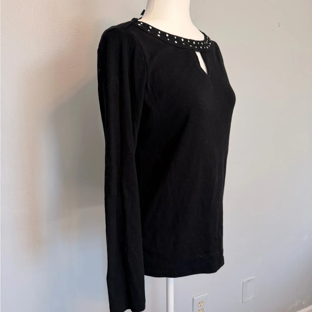 Karen Scott Black Long Sleeve Top with Studded Keyhole Neckline - Picture 2 of 4